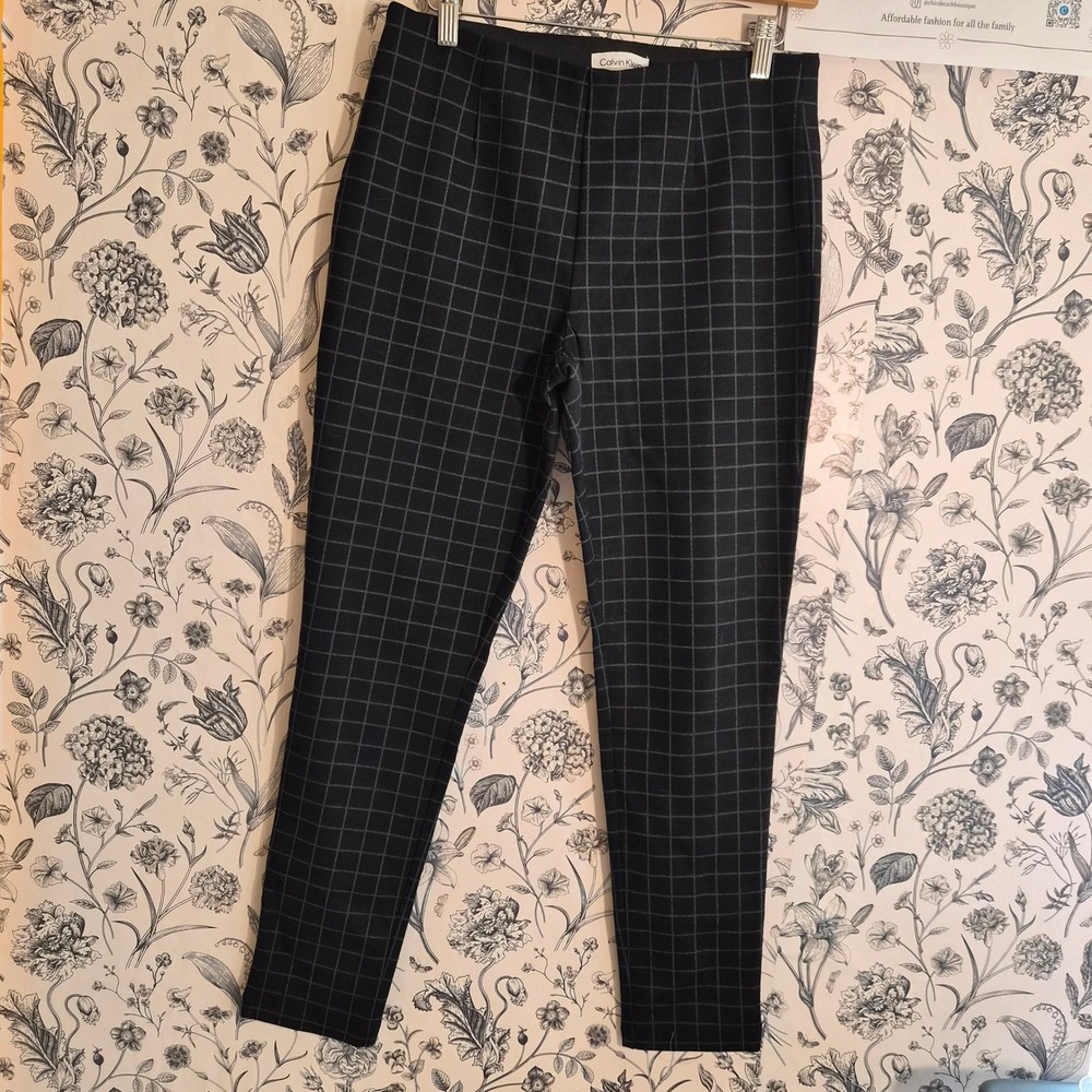 Calvin Klein Windowpane Plaid Pants Trousers Silver Logo Sz 8 Minimalist Preppy
